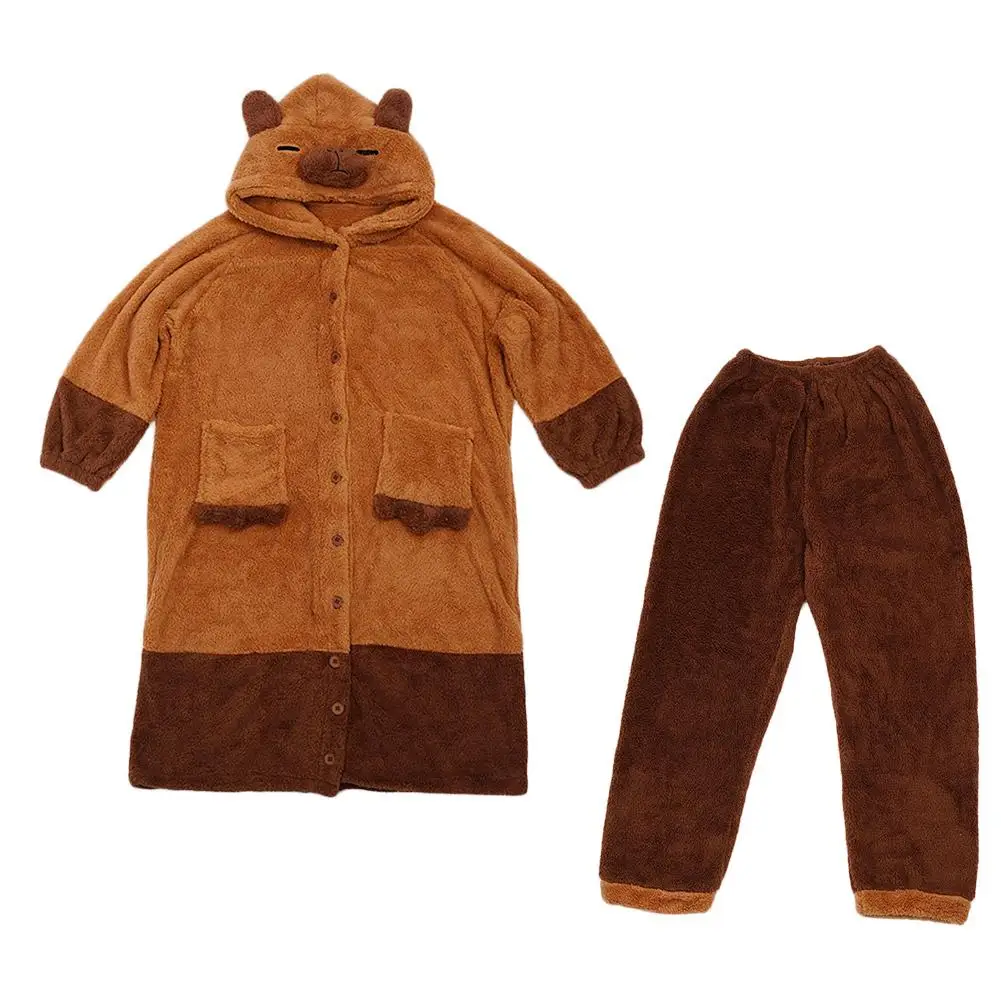 Winter Cute Coral Velvet Pajamas Kawaii Hooded Pajamas Trousers Set Thickened Warm Comfortable Girls Household Clothes