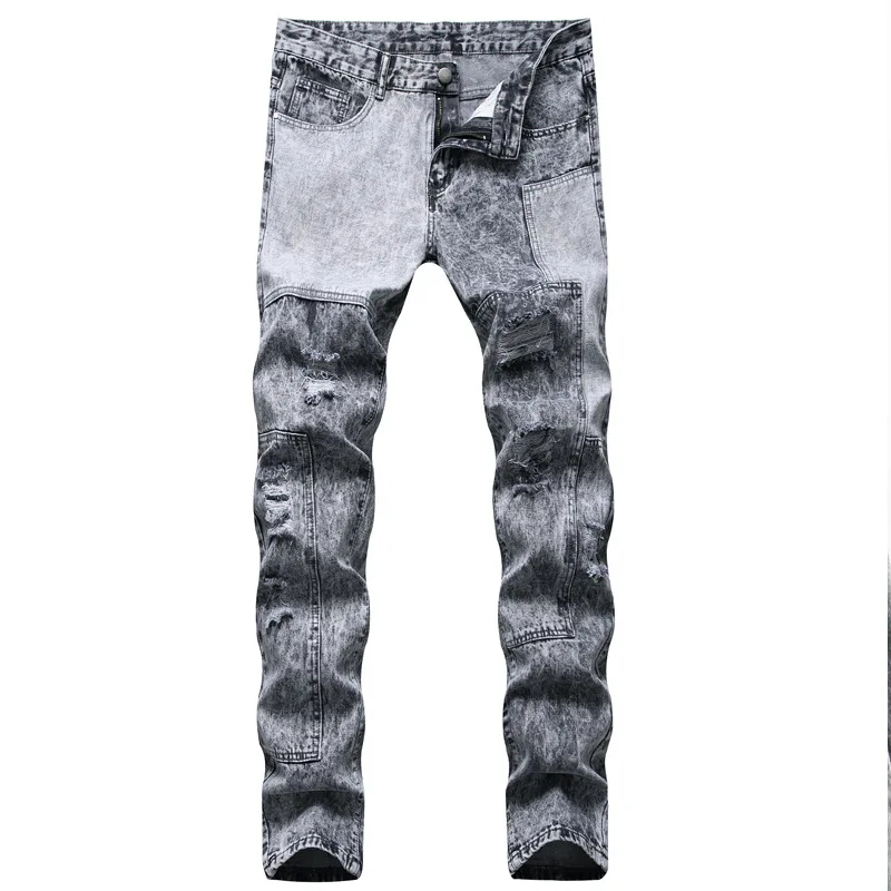 

Men’s Trendy Patchwork Decors Denim Pants,High Quality Slim-fit Ripped Gray Jeans,Street Fashion Sexy Jeans,Daily Casual Jeans ;