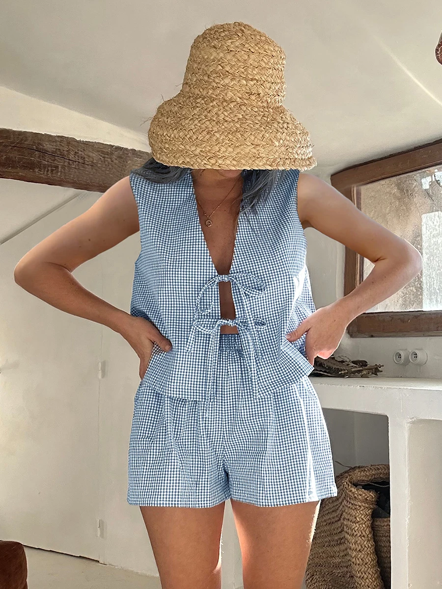 Stylish Striped Print V-neck Tie Top and Elastic Waist Loose Shorts Set
