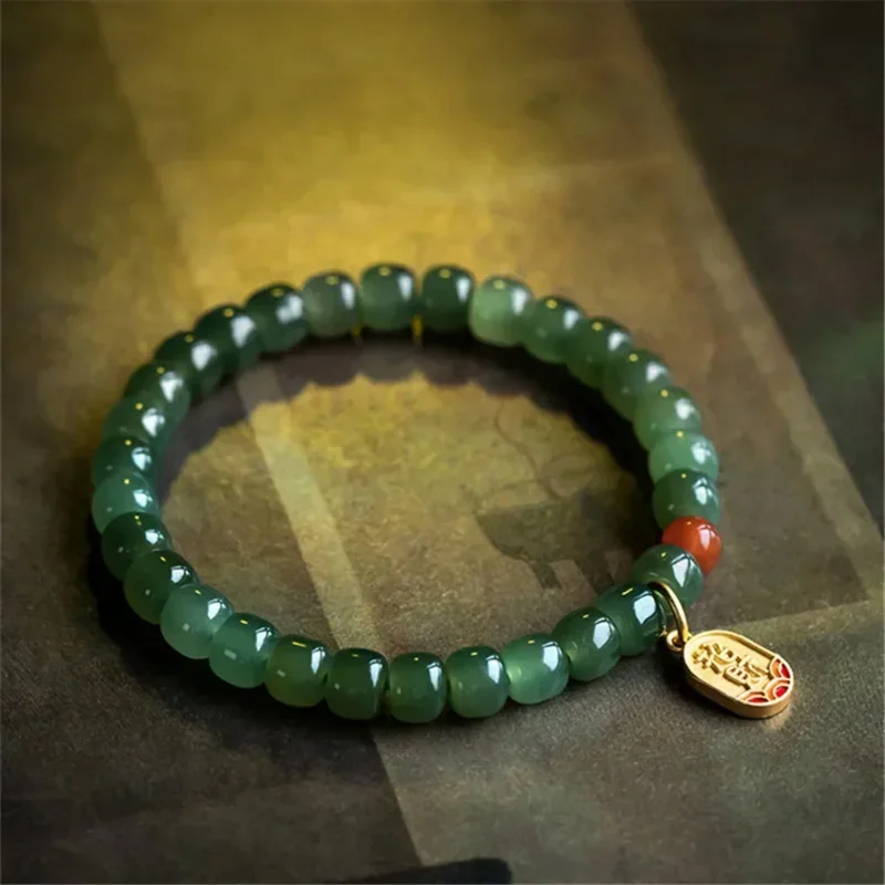 

Natural Hetian Jade Bead Bracelet Women Buddha Beads With Red Agate Chinese Style Pendant Handmade Simple Fashion Luxury Jewelry