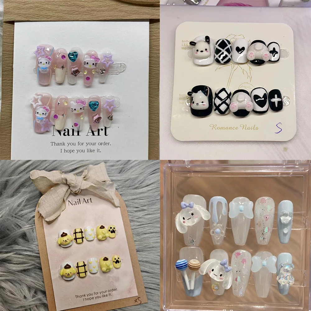 

Sanrio Kawaii Hello Kitty Handwork Press-on Nails Cartoon Pom Pom Purin Fake Nails Schoolgirl Decoration Couple Festivals Gift