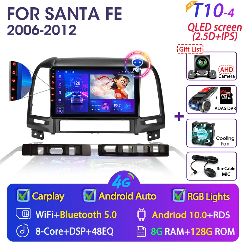 car video player bluetooth Srnubi 9" Android 10 Car Radio For Hyundai Santa Fe 2 2006-2012 GPS Navigation 2 din 4G WIFI DSP RDS Multimedia Video Player DVD video screen for car Car Multimedia Players