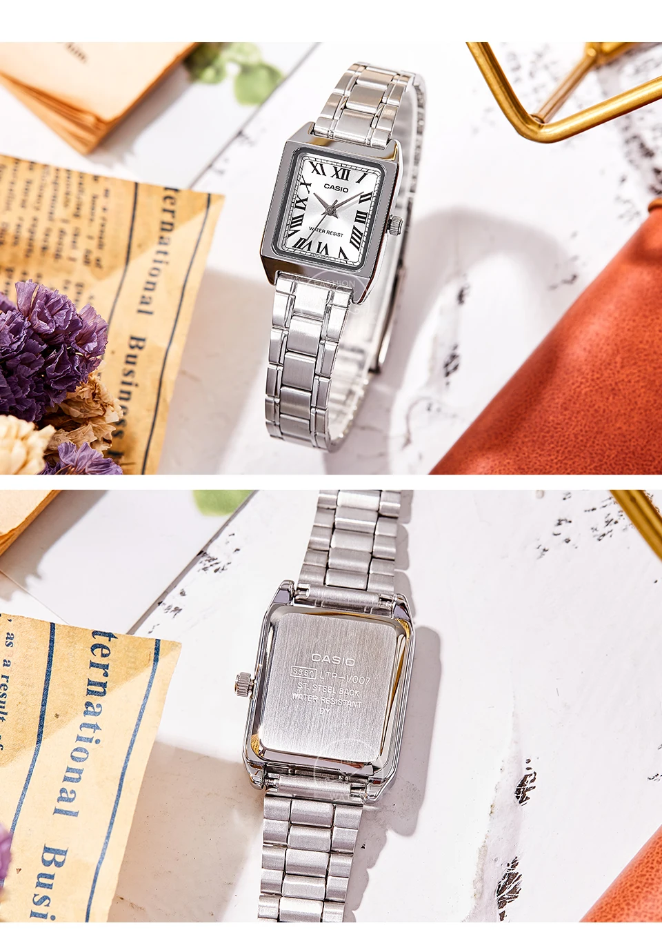 Casio women’s stainless steel quartz watch with Roman numeral dial and 30M water resistance – includes free shipping to Singapore