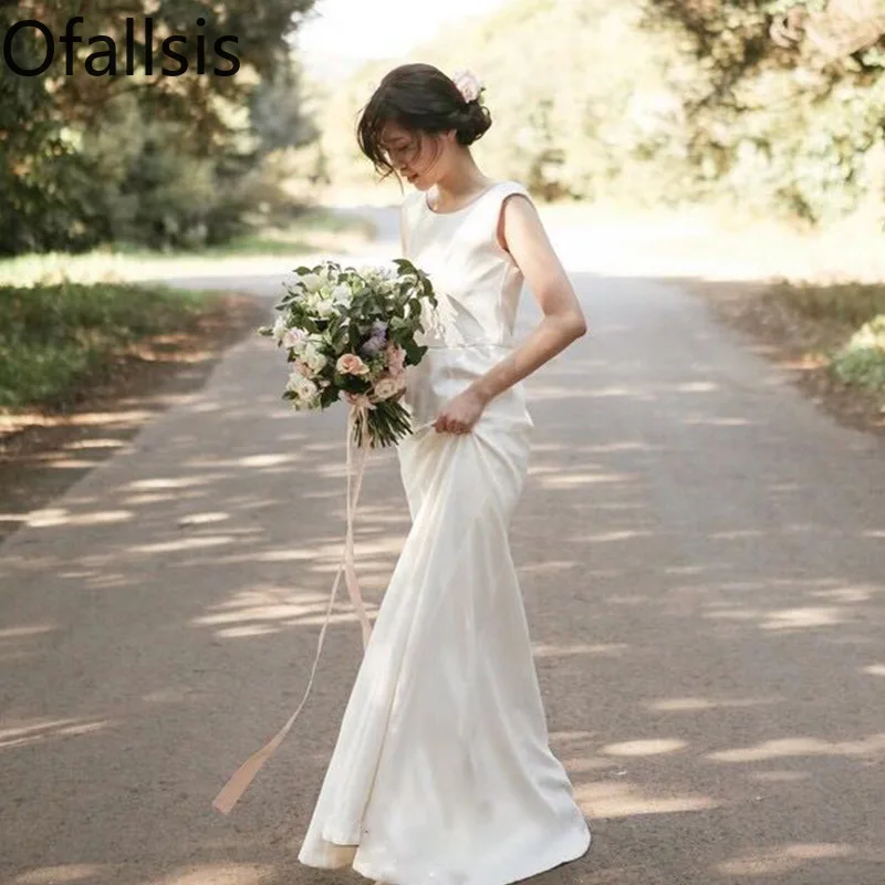 

Ofallsis French O neck Satin Light Wedding Dress 2024 Summer New Vintage Simple Bride Outdoor Travel Photography Outgoing Dress