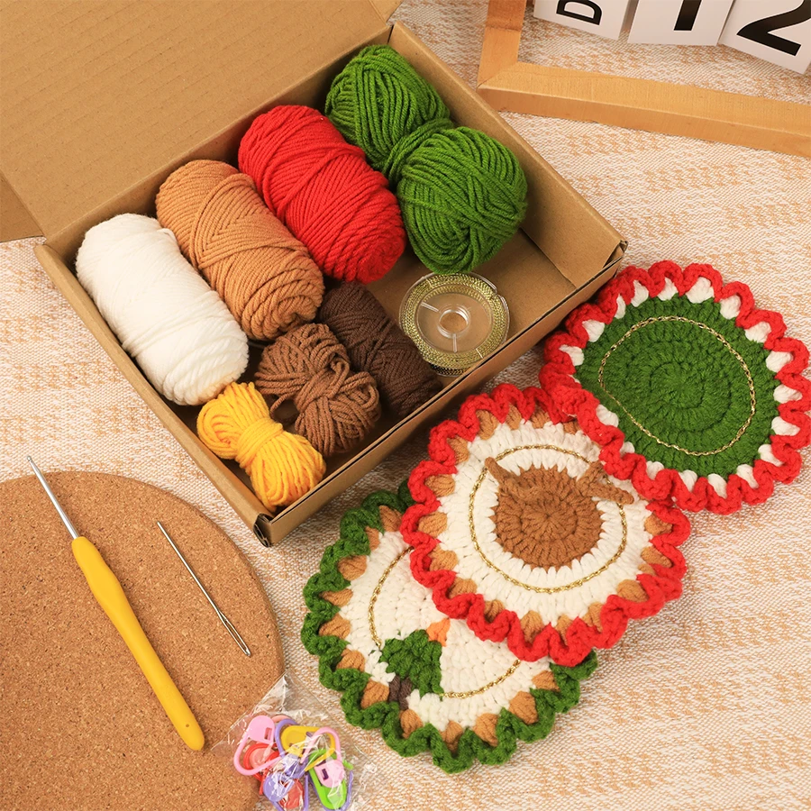 Sewing DIY Crochet Coaster Kit With Hand Knitting Yarn Needles Plush Doll Easy for Starter Includes Enough Yarn Hook Accessories
