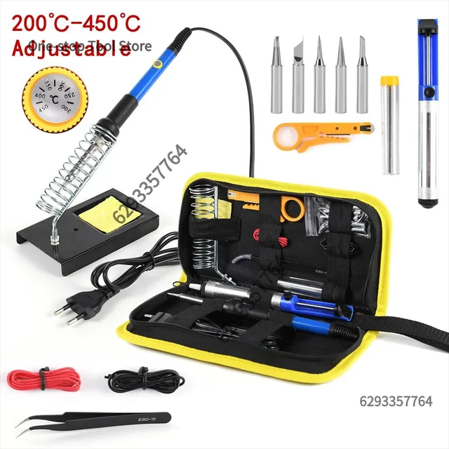 Kit de fer à souder 220V 60W, 15 pièces, 450 ° Ensemble d'outils de soudage à température réglable C, avec ventouse à souder, fil d'étain, prise ue 1