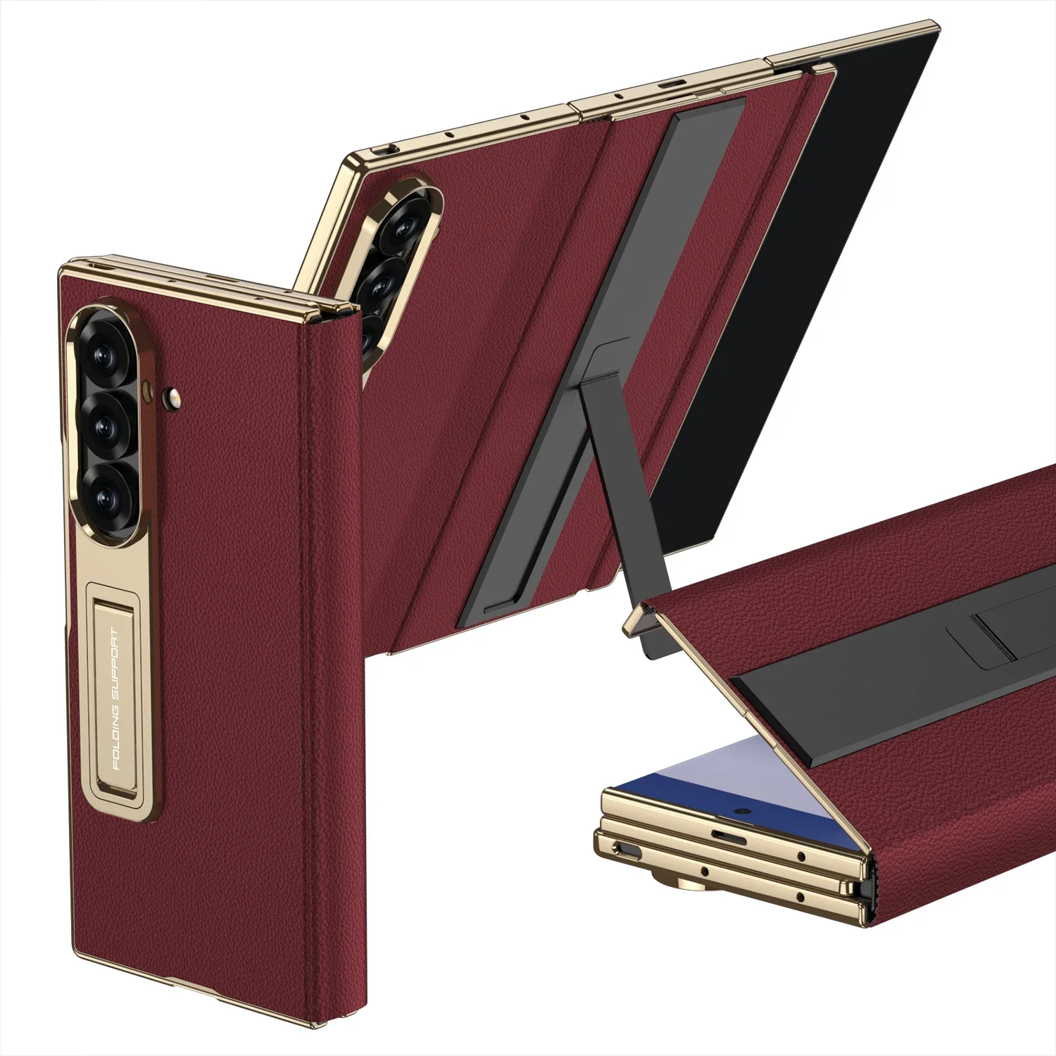 Premium TriFold Magnetic Leather Flip Phone Case with 9H Glass Protector & Kickstand Bracket