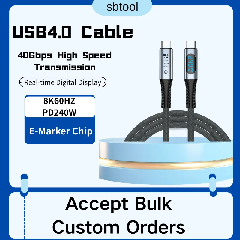 Cabo USB4 com Display Digital, Transmissão de 40Gbps, Carregamento Rápido de 240W, Vídeo 8K60Hz para Laptops Thunderbolt 3/4