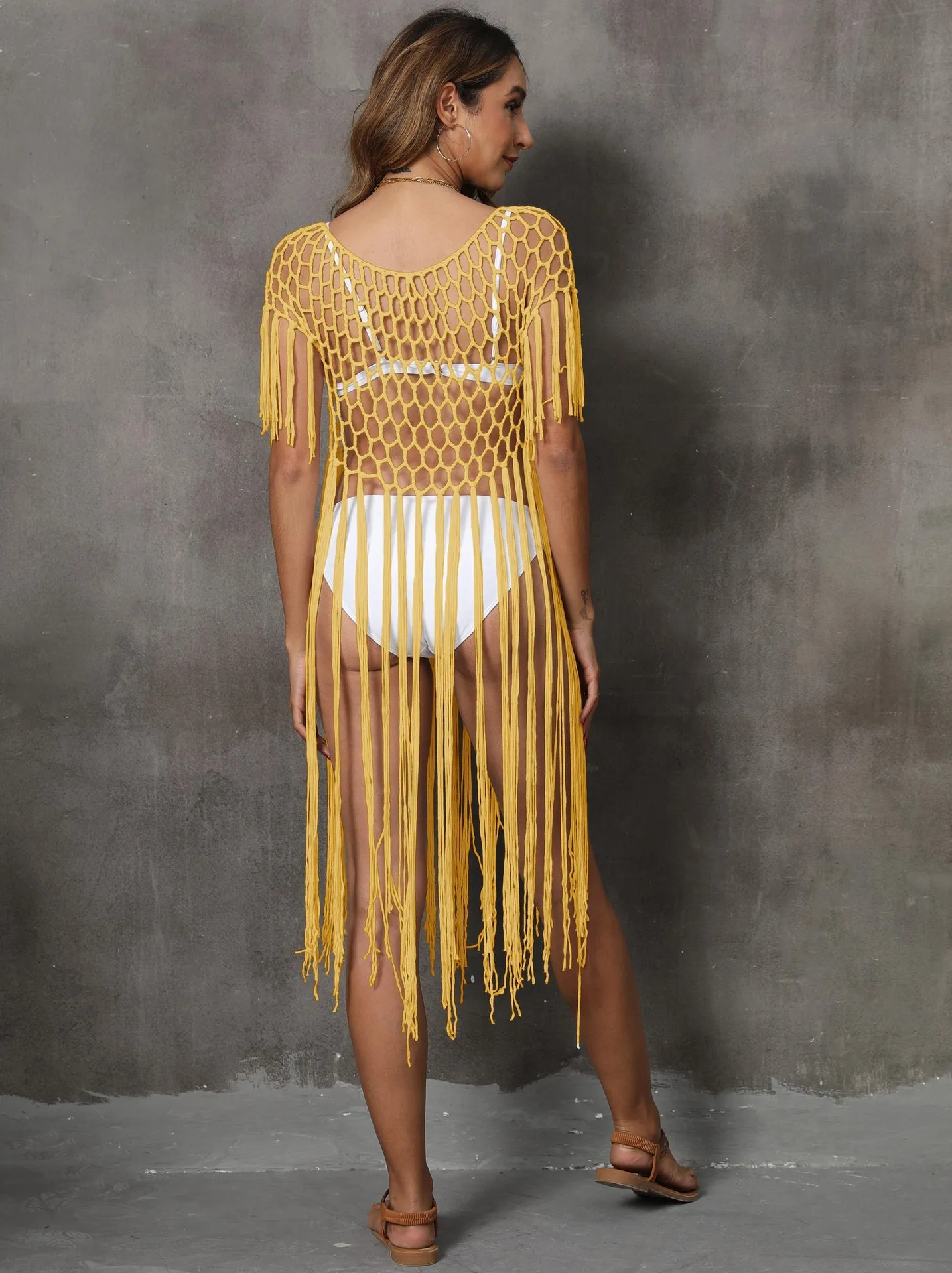 Women's beach cover-up knitted mesh sexy hollow tassel stitching pure hand hook bikini cover-up 2024 new style