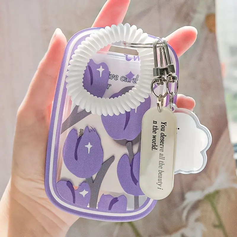 

3 Inch Kpop Photocard Holder Cute Tulips Print Photo Card Holder Bag Pendant Student ID Credit Card Holder School Stationery