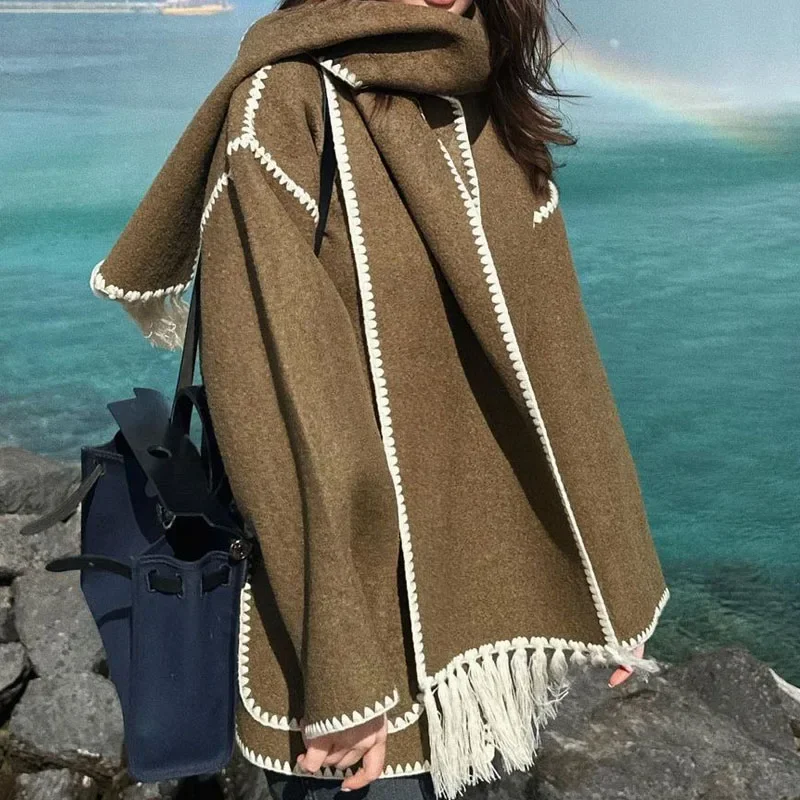 Women Elegant Woolen Coat with Scarf Fashion Tassel Spring Black Outwear Chic Streetwear Lady Jackets Embroidery Abrigo Mujer