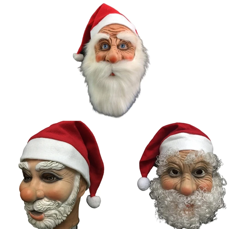 

Realistic Santa Latex Mask Christmas Costume Cosplay Old Man White Beard Red Mask Carnival Party Dress Up