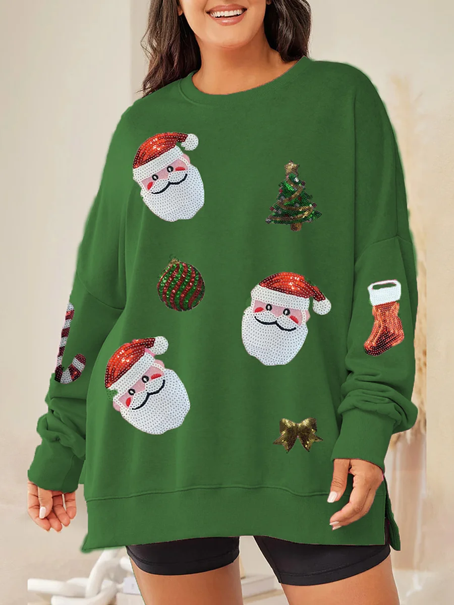 thumbnail image 1 of Sudadera navideña con parches brillantes para mujer, jerseys de cuello redondo y manga larga con estampado de Papá Noel y lentejuelas, blusas de gran tamaño, ropa de calle, 1 of 4