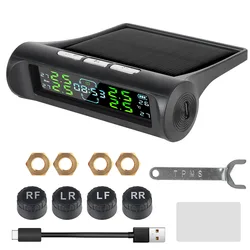 Digital LCD Auto Security Alarm System with Built - in Clock and USB/Solar - Powered Tire Pressure Monitor (Black)