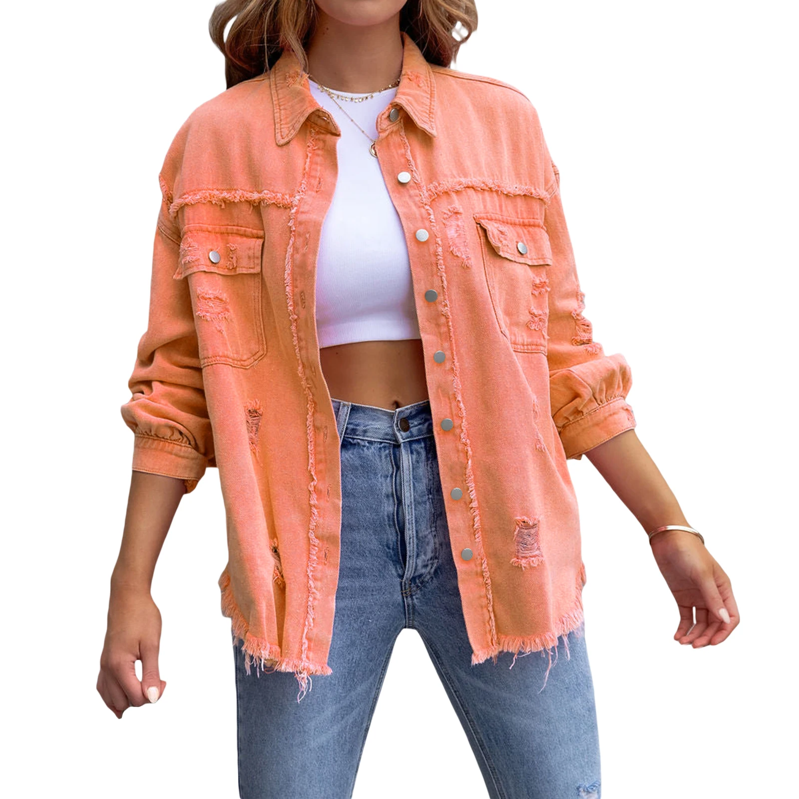 Women\'s Fashion Casual Ripped Distressed Denim Jacket Boyfriend Jean Coat Long Sleeve Button Down Trucker Jacket