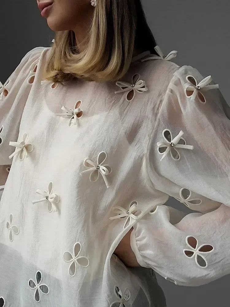 Fashion Round Neck Embroidered Flower Shirt Top Two Piece Set Women's Classic Casual Lantern Sleeves 3D Bow Perspective Shirt