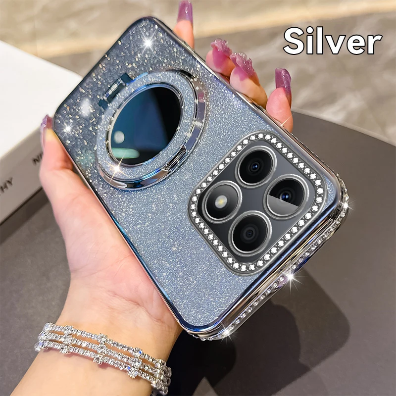 Glitter Plating Silicone Phone Case with Magnetic Bracket & Lens Protector - Pink