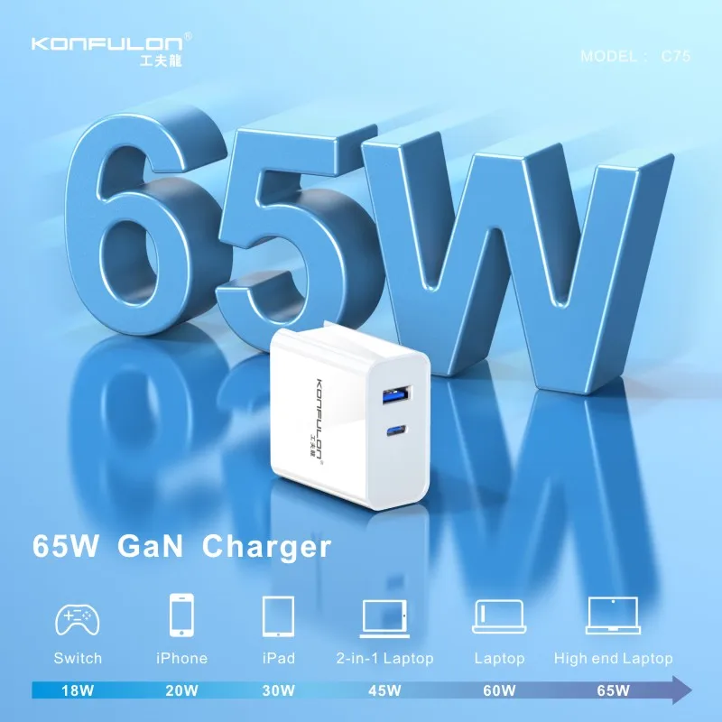 

GaN PD65W 2 Ports USB Charger EU US Fast Charging Type C Travel Adapter USB QC 3.0 For iPhone Xiaomi Samsung Huawei