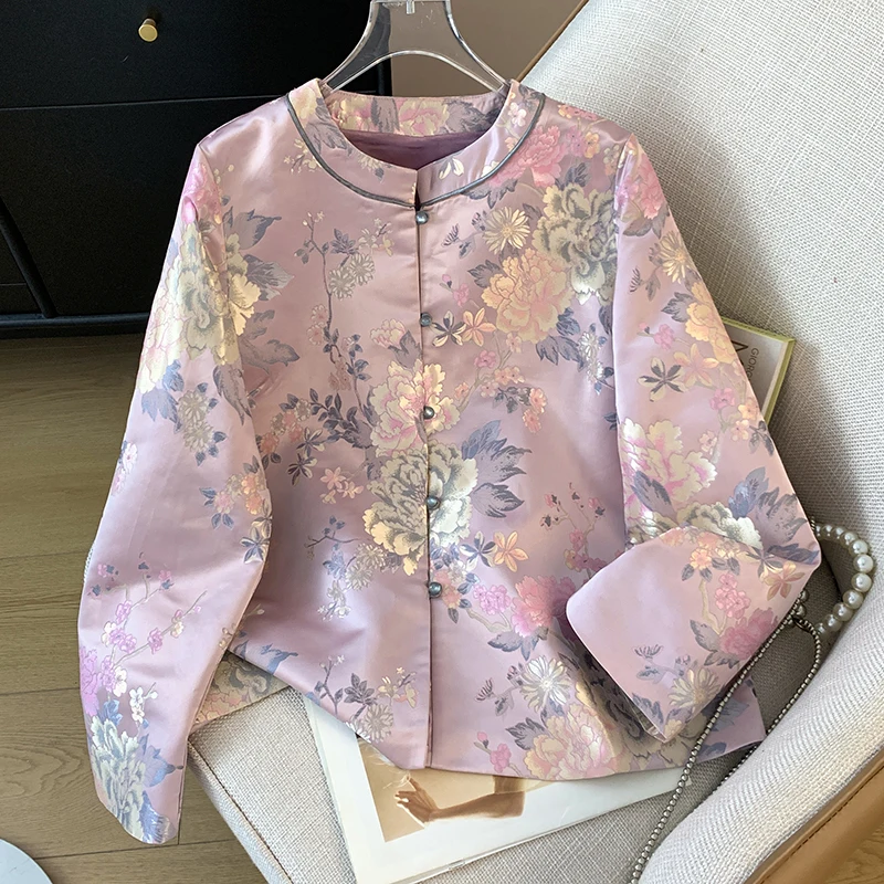 Spring New Chinese Style Hanfu Tang Costume Jacquard Woven Gold Embroidery Long Sleeve Cardigan Women's Jacket Crew Neck D3