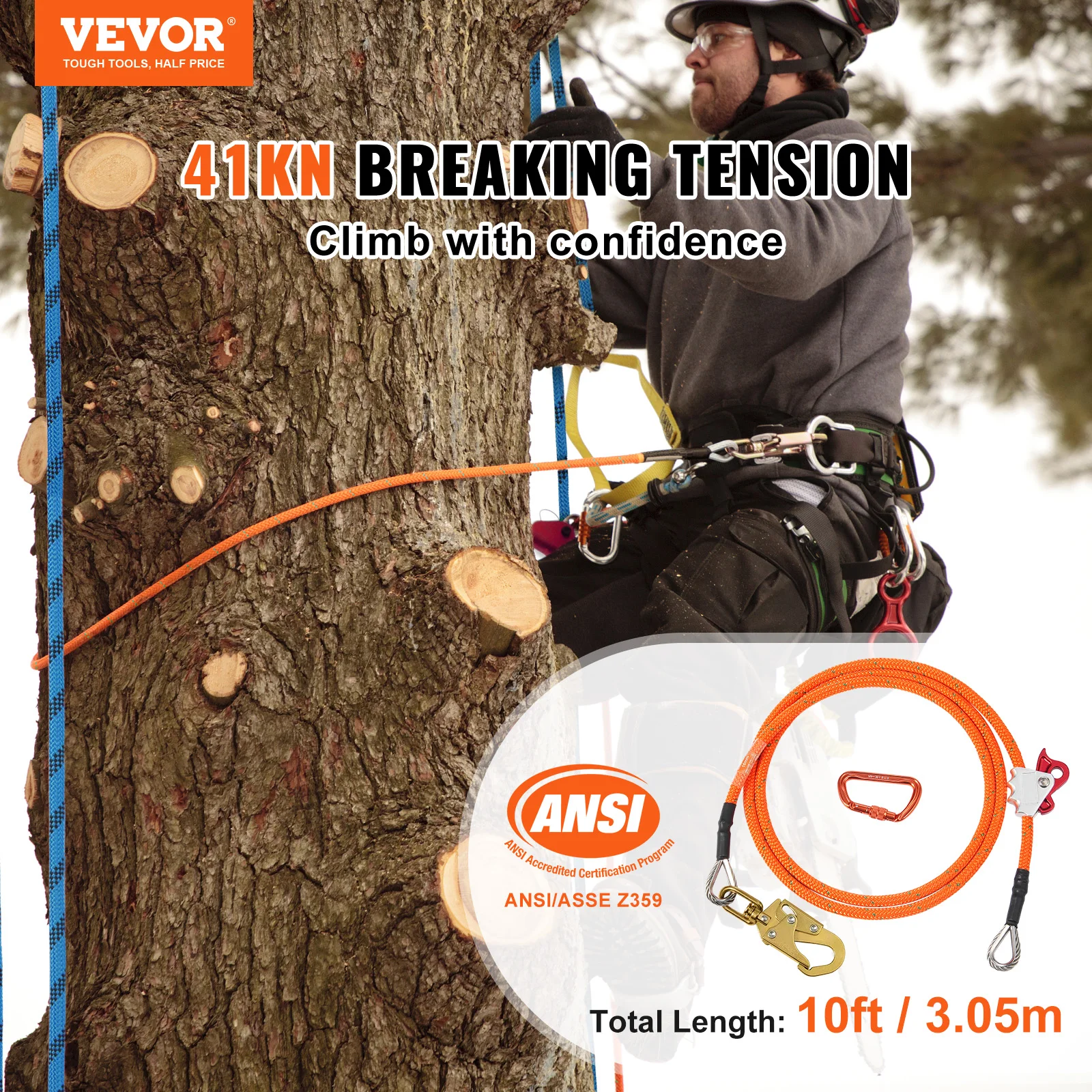 VEVOR 16/12.7mm Steel Core Flipline Arborist Flipline for Tree Climbing 30KN Breaking Tension for Fall Protection Tree Climber