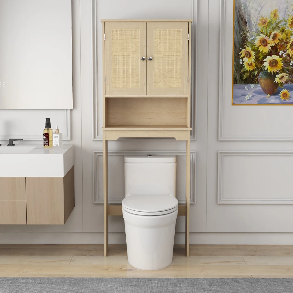 Over The Toilet  Cabinet, Bathroom Shelves Over Toilet with 2 Rattan Doors&Adjustable Shelves&Open  Shelf-Natural Wood 2