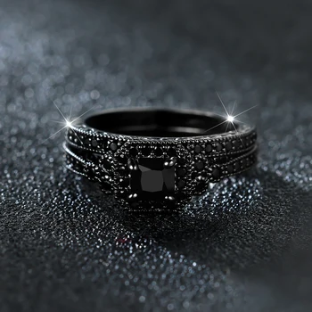 Vintage Square Black Stone Ring Set Female Black Gold Color Zircon Wedding Party Rings For Women Stacking Couple Finger Jewelry