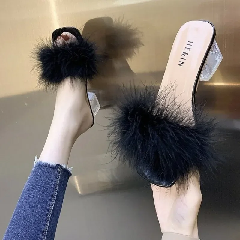 Mules Sandal Women Summer Outdoor Fashion Slippers Square Toe High Heels Office Ladies Feather Slides Chic Classics Furry Shoes 2