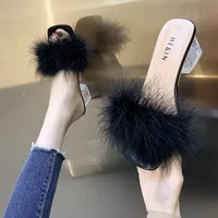 Mules Sandal Women Summer Outdoor Fashion Slippers Square Toe High Heels Office Ladies Feather Slides Chic Classics Furry Shoes 2
