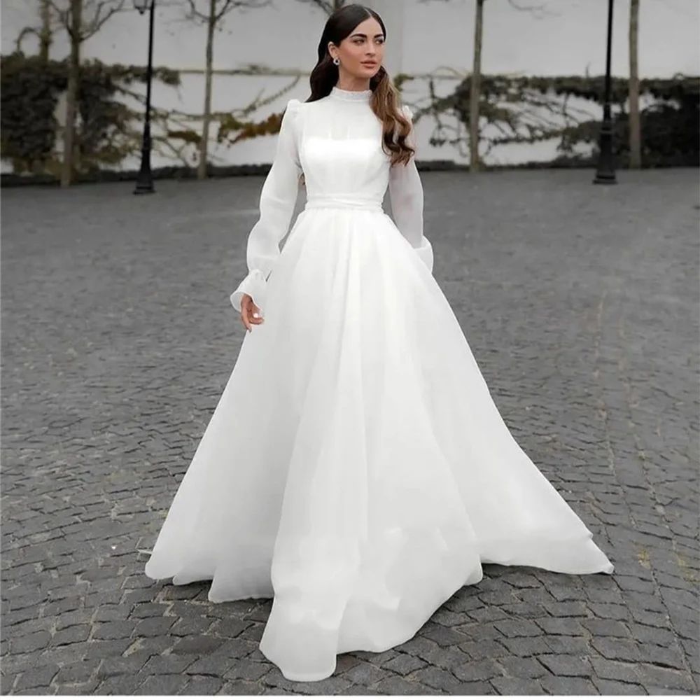 

Modest A Line Organza Wedding Dresses Long Sleeves Dubai Arabic Women Gorgeous Custom Made Robe De Mariee vestido de novia Civil