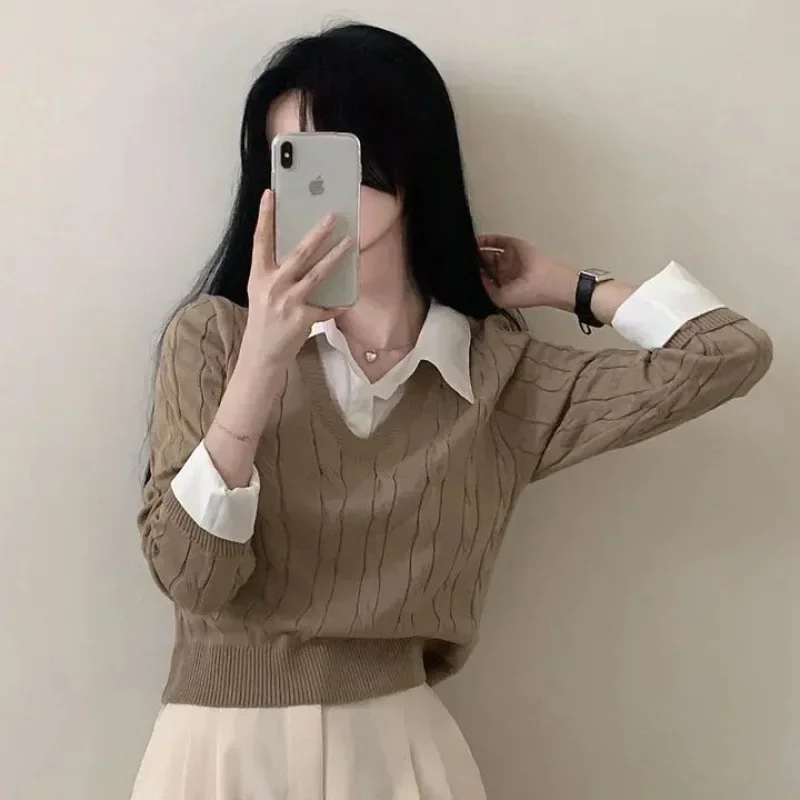 Korean Chic Spring and Autumn Age-Reducing Sweaters Retro Temperament Preppy Fake Two Pieces Shirts Twist Knit Women's Y2k Tops 6