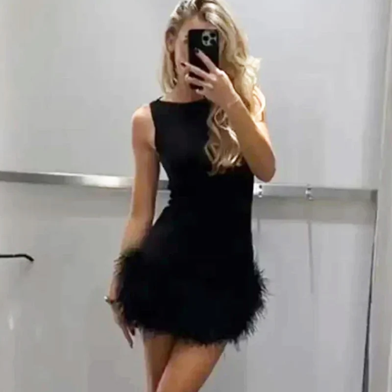 HXAO Black Feather Dress Womens Dresses Autumn 2025 Elegant Party Dresses Mini Elastic Sleeveless Sundress Chic Evening Vestidos S4be447a83124489abf20a21037dbf659W