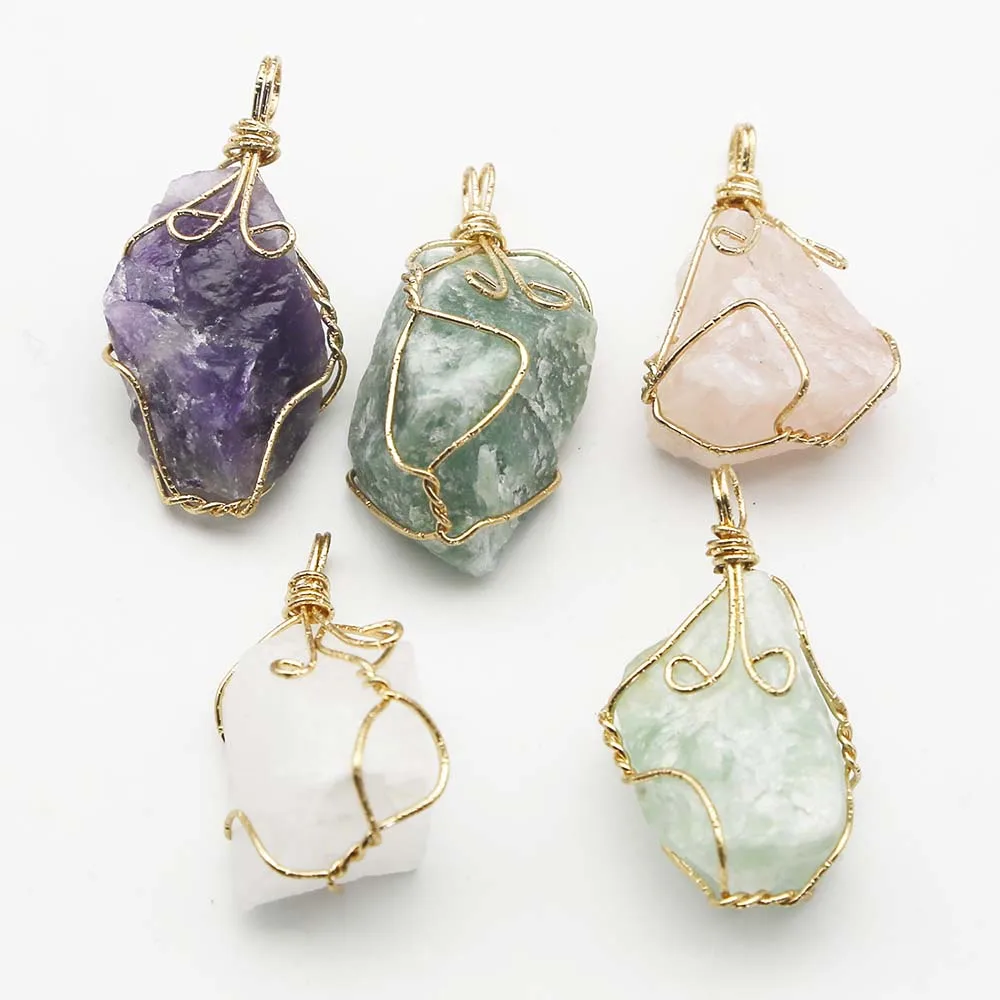 Quality Natural Raw Ore Irregular Winding Wire Necklace Pendants Crystal Quartz Charms Jewelry Accessories Making Wholesale 8Pcs