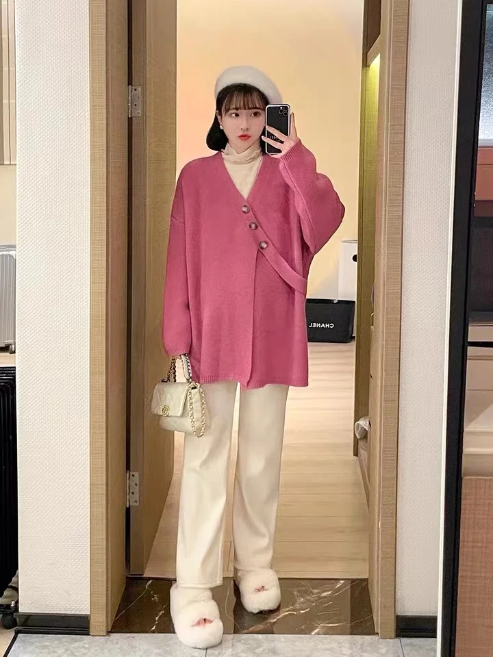 3084# Autumn Winter Knitted Maternity Cardigan Sweaters Chic Ins Loose Warm Shirt Clothes for Pregnant Women Pregnancy Tops