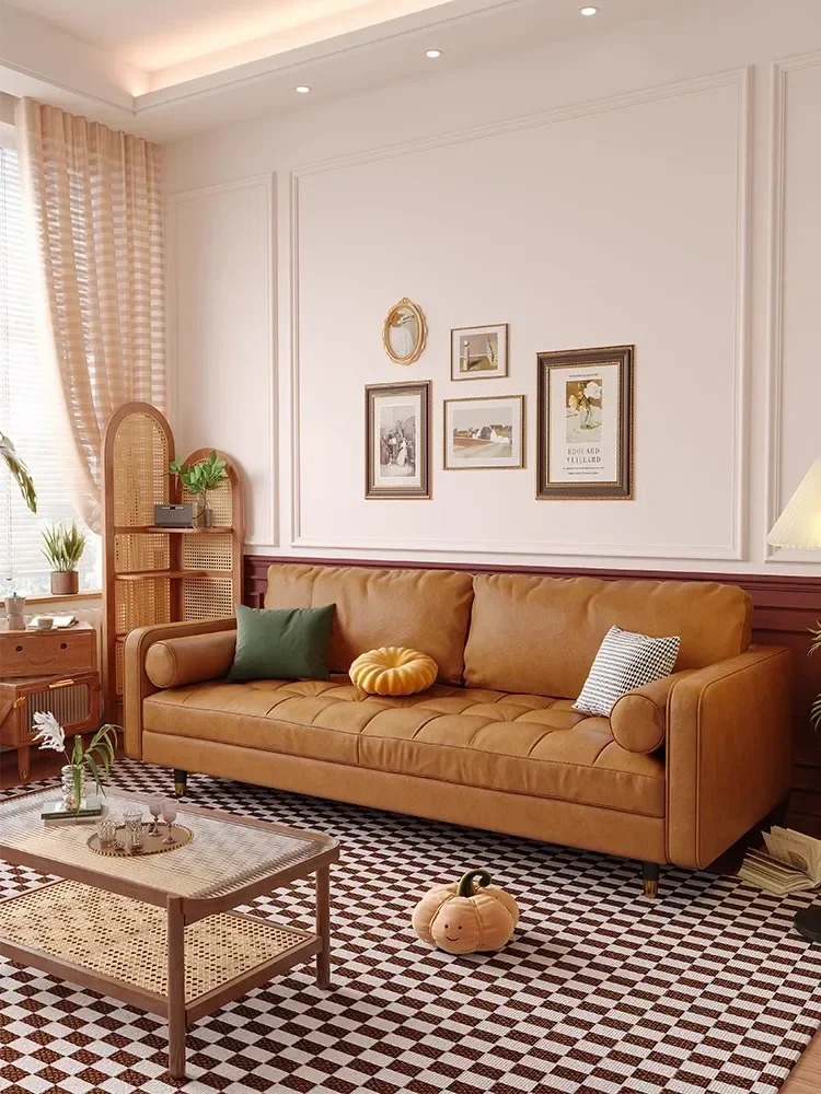 

French retro leather sofa living room small apartment European and American luxury sofa