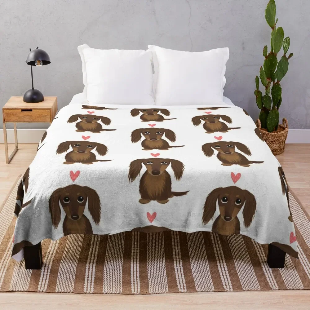

Longhaired Chocolate Dachshund | Cute Wiener Dog with Heart Throw Blanket Cute anime Blankets