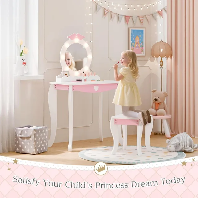 19747-0849e8.jpg MU Kids White Vanity Set w/ Lighted Mirror & Stool,Makeup Desk, Storage,Wing Pattern – Toddler Princess Dressing Table for Girls