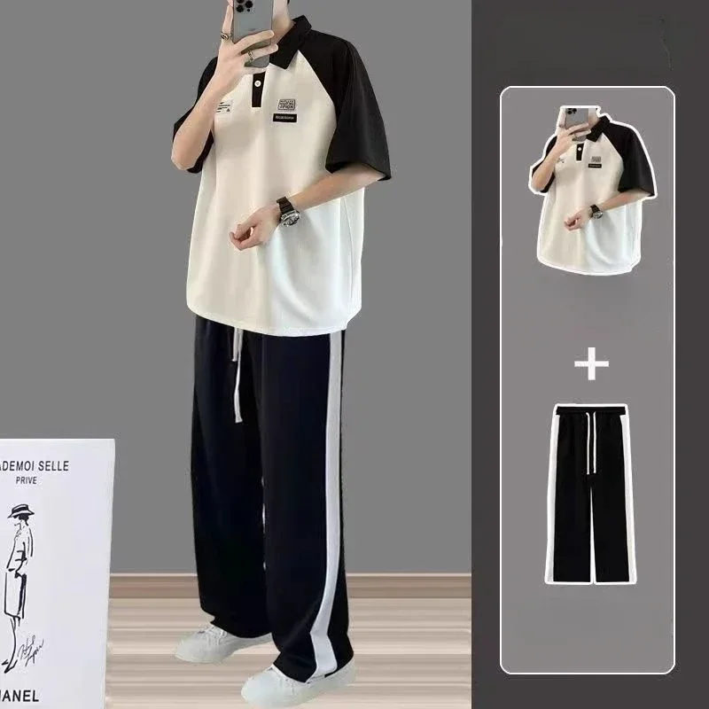 Conjunto de pantalones lisos para hombre, conjunto de camiseta blanca para entrenamiento, pantalones de dos piezas a la moda, pantalones casuales elásticos 5xl, camiseta básica elegante Kpop
