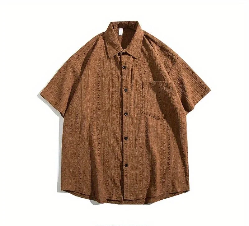 Summer New Men's Polo-Neck Button Pockets Hollow Out Spliced Casual Fashion Loose All-match Short Sleeve Jacquard Shirt Tops