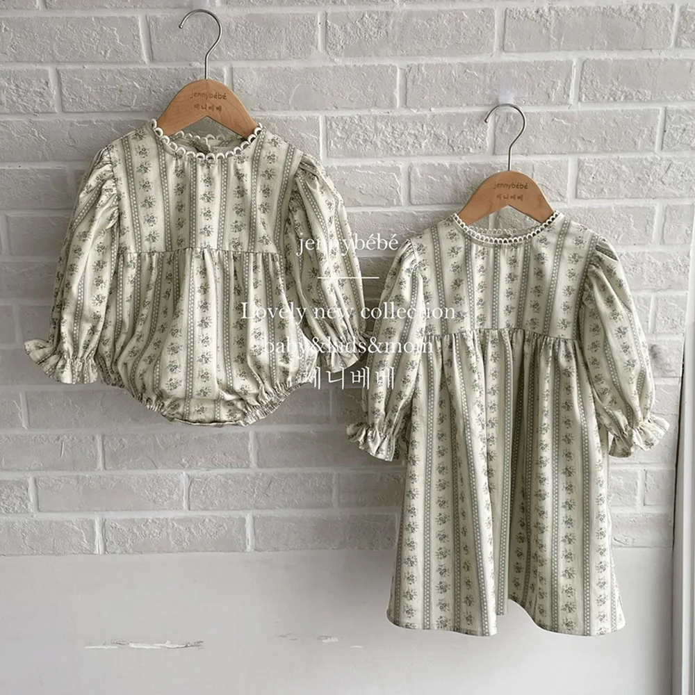 

Linen Cotton Baby Retro Floral Romper and Dress Ins Korean Style Sister Clothes Soft Cozy Newborn Spring Autumn Costume
