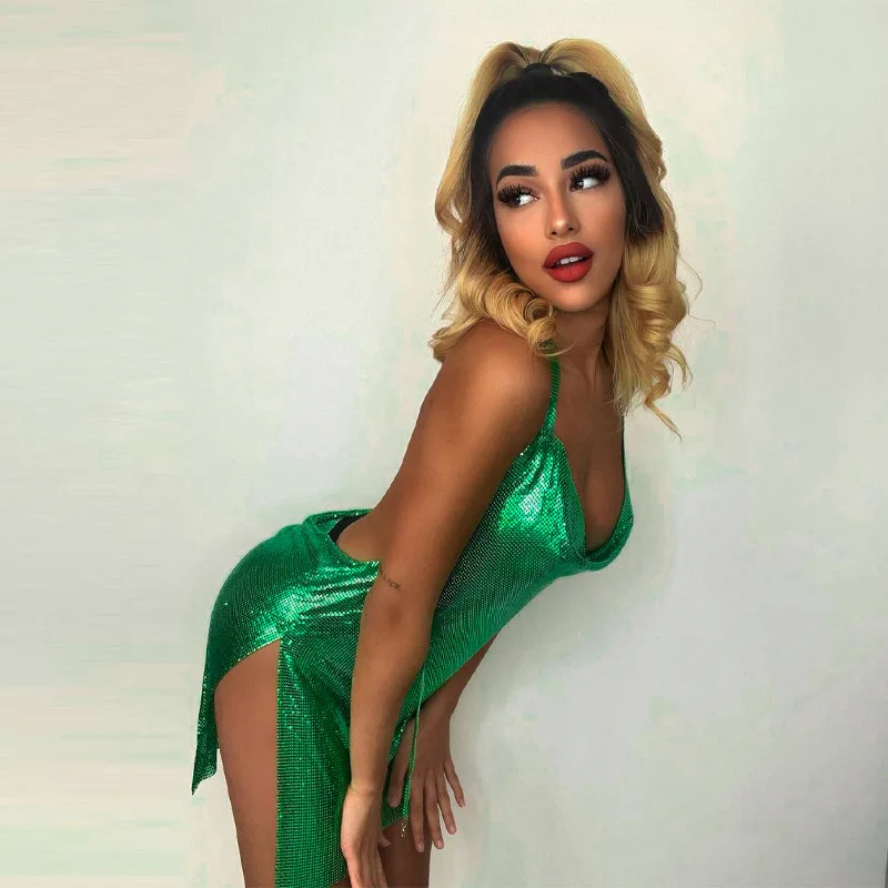 Glitter Backless Evening Mini Dress Metallic Sparkling Pink Green Silver Female Shiny Bling Night Club Dresses 2023