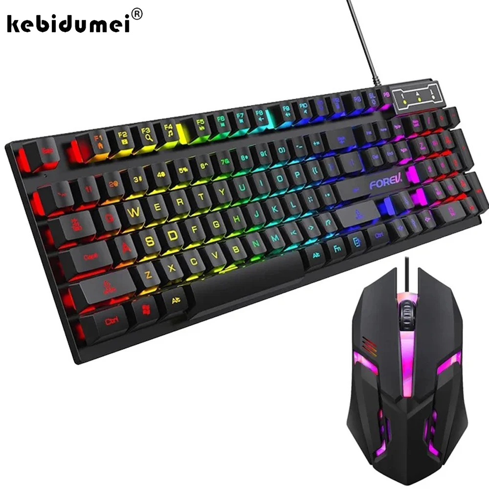 Kebidumei 104 키 백라이트 기계식 키보드 유선 게임용 키보드 게이머 PC 노트북 사무실용 빛나는 키보드 및 마우스 세트