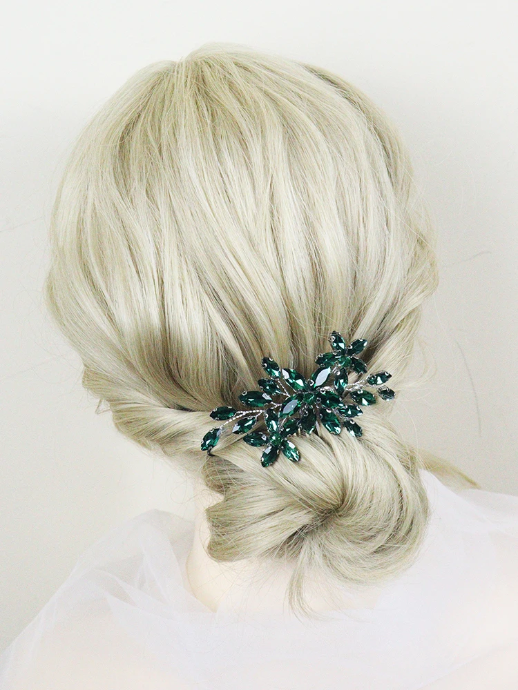 Green Rhinestone Hair Comb Bohemian Bridal Hair Accessories for Women Girls Handmade Wedding Head Jewelry Party Prom Clips