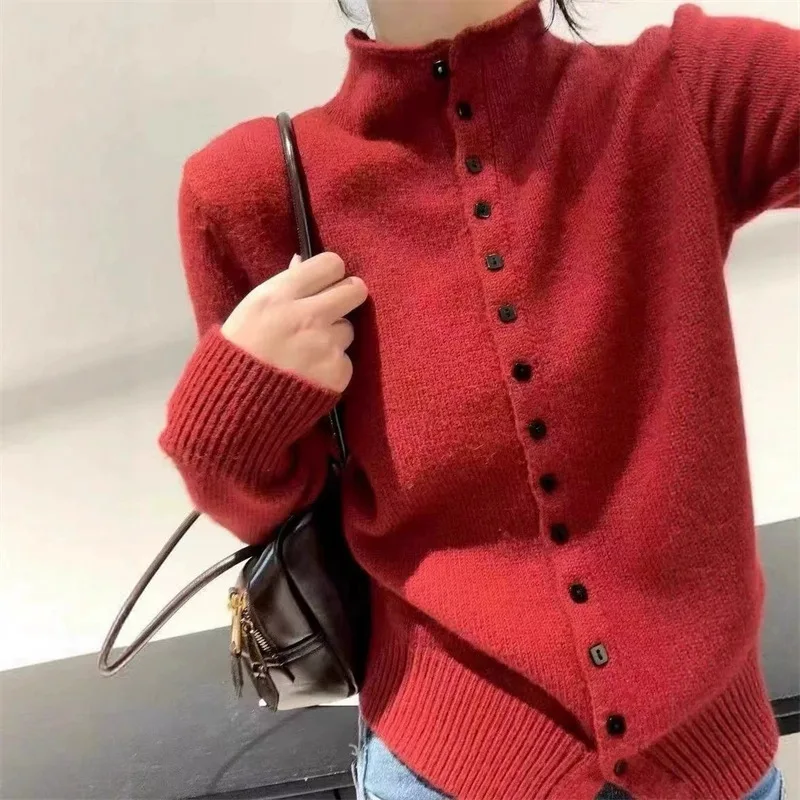 Women Stand Collar Button Down Knit