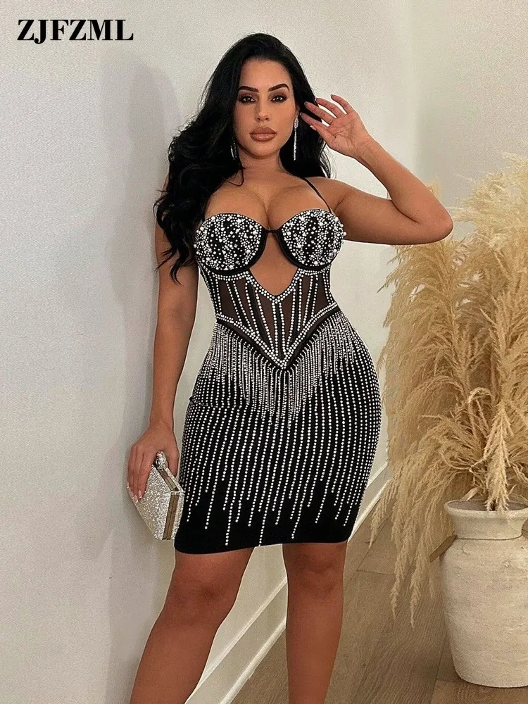 

Sexy Shinny Rhinestone Mini Dresses Party Club Night Outfits For Women Spaghetti Strap Hip Skirt Dress Cutout Stretch Vestidos