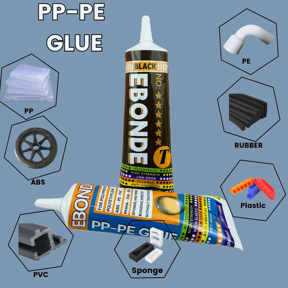 กาวติดพลาสติก PP PE Black & Transparent Super Strong Adhesive สําหรับโพลีโพรพีลีน, โพลีเอทิลีน, ABS, PVC, PMMA, ฟองน้ํา EVA 1