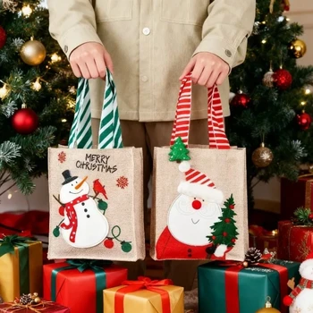 1-10PCS Christmas Burlap Gift Bags Santa Snowman Design Handheld Candy Bags for Holiday Party Favor Supplies and Decorations 1