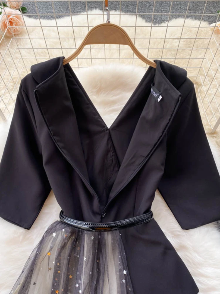 Women Vintage Mesh Patchwork Dress Spring Summer Gauze