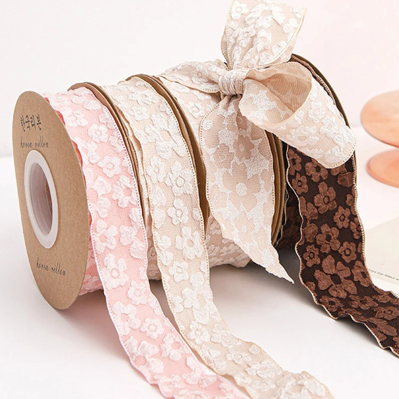 2.5/4cm 10 Yards Camellia Relief Flower Wave Ribbon for Gifts Wrapping Bouquets Bow Hair Ornaments DIY Crafts Wedding Decoration