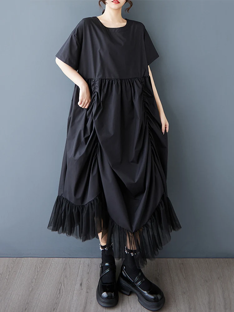 2025 Summer New Black Vintage Irregular Dresses For Women Fold Mesh Short Sleeves Loose Long Dress Elegant Fashion Clothing