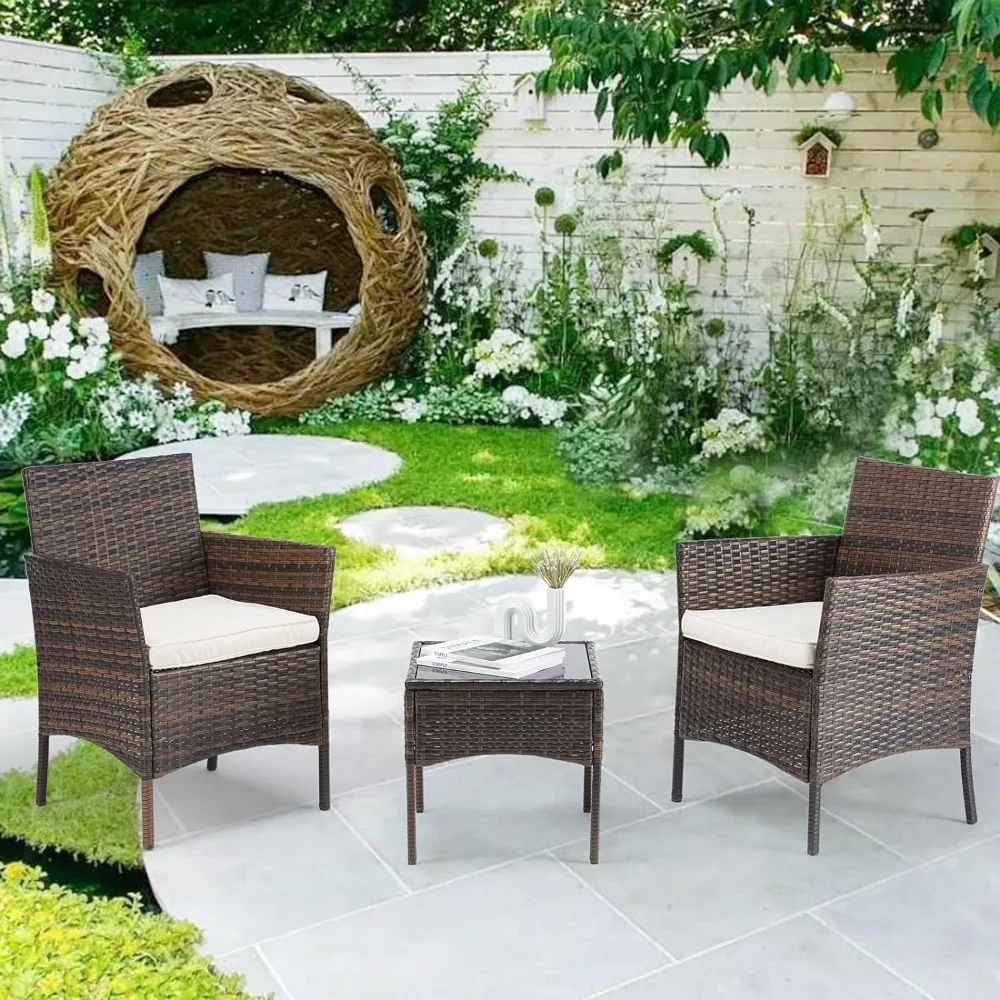 Patio Furniture Conversation Set, PE Wicker Sofa Couch with Soft Cushion and Glass Table, Patio Furniture Conversation Set